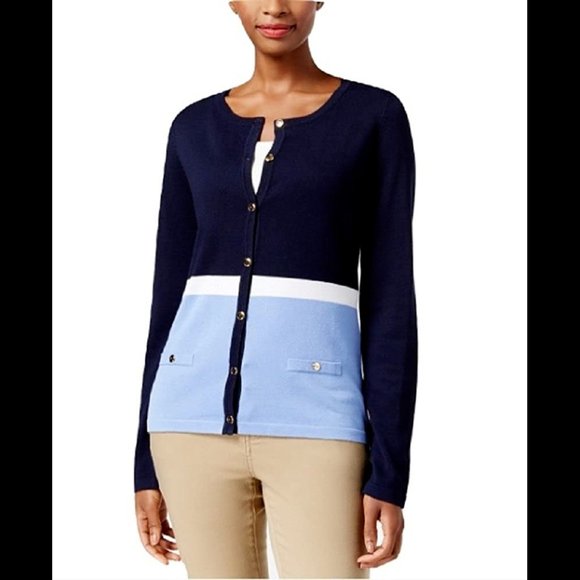NEW Karen Scott Blue Stripe Cardigan PXL - Picture 1 of 3